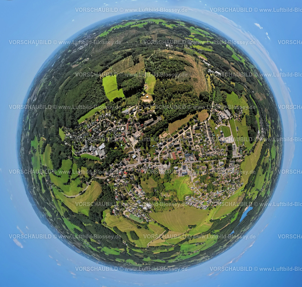 Kierspe250813307a | Luftbild, Wohngebiet Ortsansicht Ortsteil Rönsahl, Erdkugel, Fisheye Aufnahme, Fischaugen Aufnahme, 360 Grad Aufnahme, tiny world, little planet, fisheye Bild, Rönsahl, Kierspe, Sauerland, Nordrhein-Westfalen, Deutschland