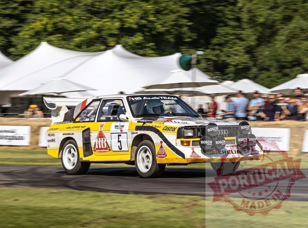 Audi Sport Quattro S1 rally car racing Goodwood Festival of Speed | Audi Sport Quattro S1 Group B rally car speeding past spectators at Goodwood - Realisiert mit Pictrs.com