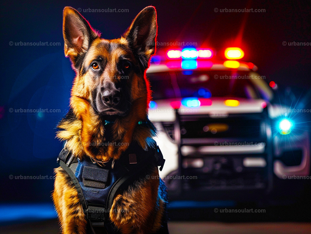 German Shepard Police Dog In Front Of Police Car  | A powerful and inspiring image of a German Shepherd police dog in front of a police car, symbolizing bravery and service. Perfect for honoring K9 heroes and adding a sense of pride to any decor. - Realisiert mit Pictrs.com