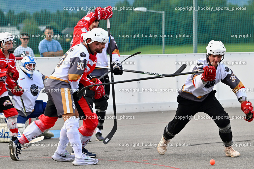 VAS Ballhockey vs. HSC Eagles Poggersdorf | #90 Edlinger Patrick, #38 Kravanja Kristian, VAS Ballhockey vs. HSC Eagles Poggersdorf, VAS Ballhockey vs. HSC Eagles Poggersdorf am 14.07.2024 in Villach (Alpen Arena ), Austria, (Photo by Bernd Stefan)
