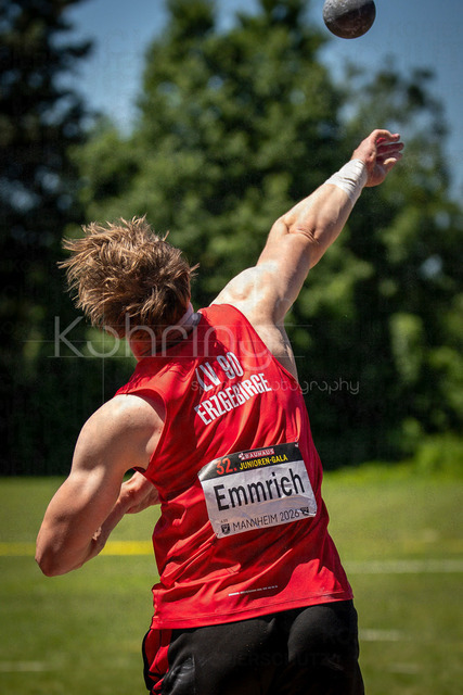 Juniorengala 2026; Mannheim, 13.06.2026 | MANNHEIM, GERMANY - JUNE 13, 2026 : Max Louis Emmrich (GER/LV 90 Erzgebirge) competing in the men’s U20 shot put  during the Juniorengala 2026 at Michael-Hoffmann-Stadion on June 13, 2026 in Mannheim, Germany.