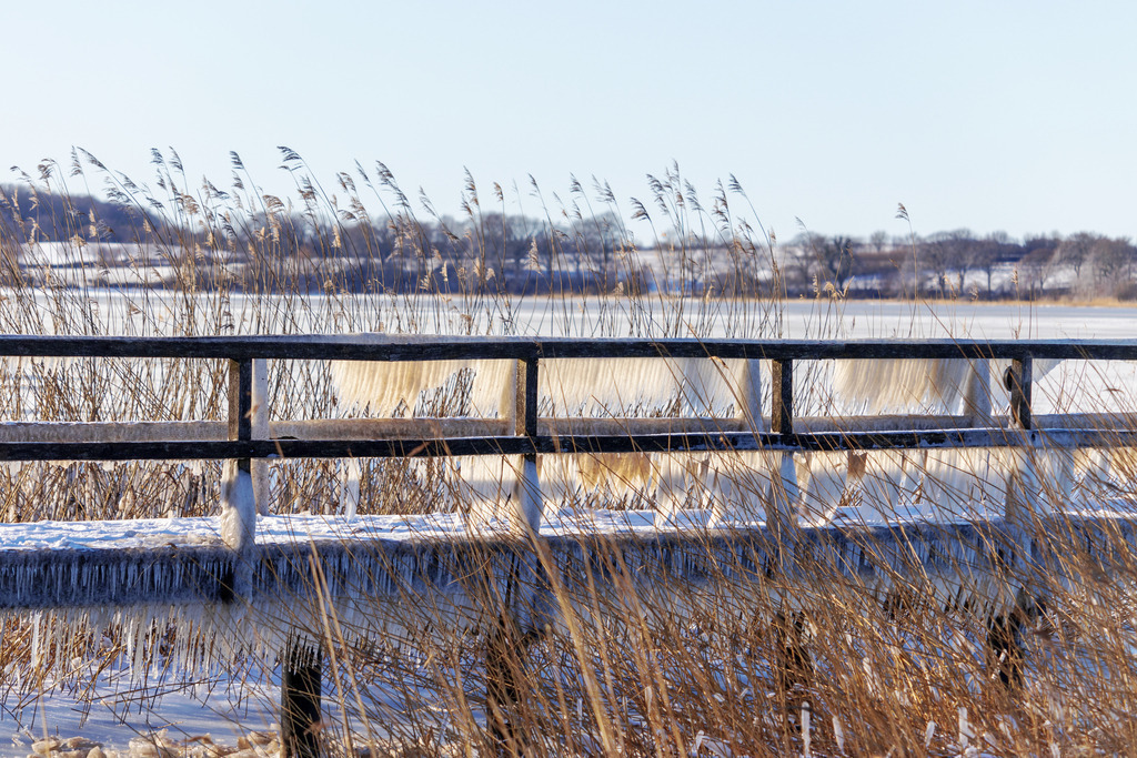 Wandbild: Vereister Steg in Sieseby an der Schlei | Dieses Wandbild im Querformat zeigt den vereisten Steg in Sieseby an der Schlei im Winter. Am Steg hängen zahlreiche Eiszapfen. Im Vordergrund ragen einige Gräser sind Bild. Der blaue Himmel ist wolkenlos.  - Realisiert mit Pictrs.com