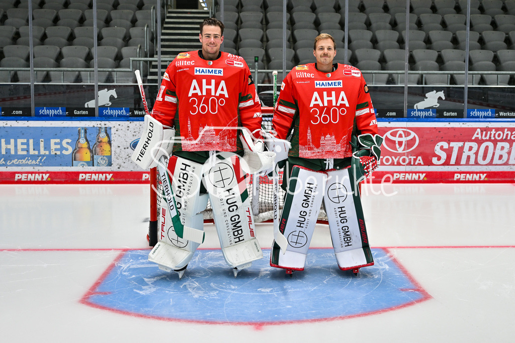 Augsburger Panther 2025/26 | im Bild das Torhüterduo der Augsburger Panther für die Saison 2025/26, Peyton JONES (Augsburger Panther 41) und Michael GARTEIG (Augsburger Panther 34 / Media Day Augsburger Panther: Curt-Frenzel Stadion am 06.08.2025