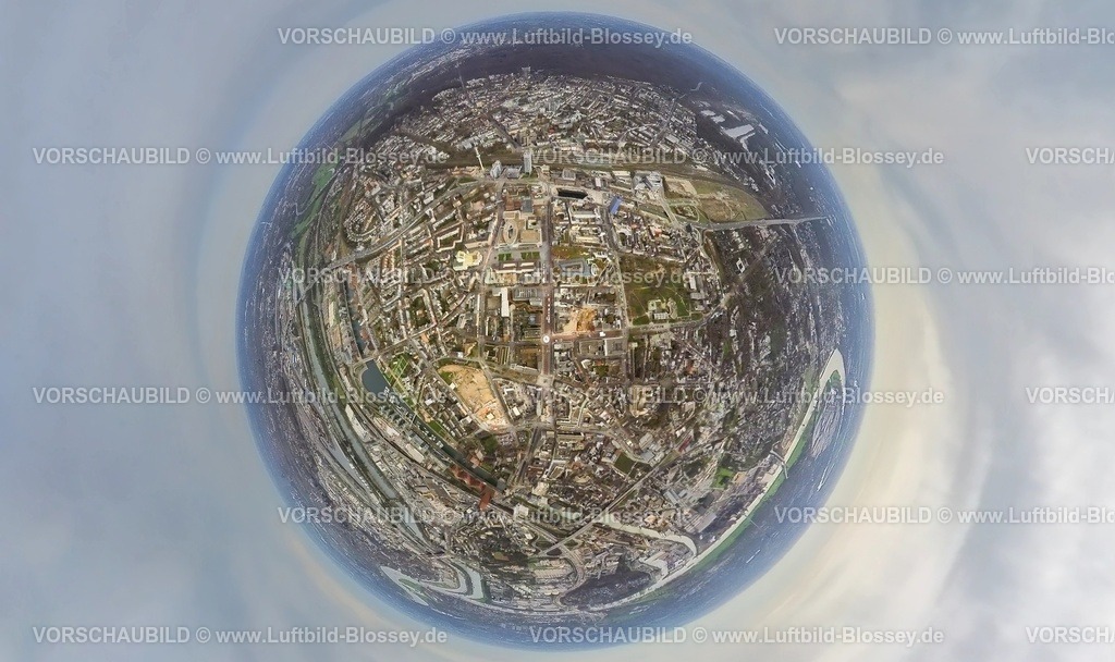 Duisburg230328_13KoenigsalleCity | Luftbild, City mit Königstraße, Hauptbahnhof, Baustelle Mercatorviertel gegenüber dem Rathaus, Innenhafen, Erdkugel, Fisheye Aufnahme, Fischaugen Aufnahme, 360 Grad Aufnahme, Altstadt, Duisburg, Ruhrgebiet, Nordrhein-Westfalen, Deutschland