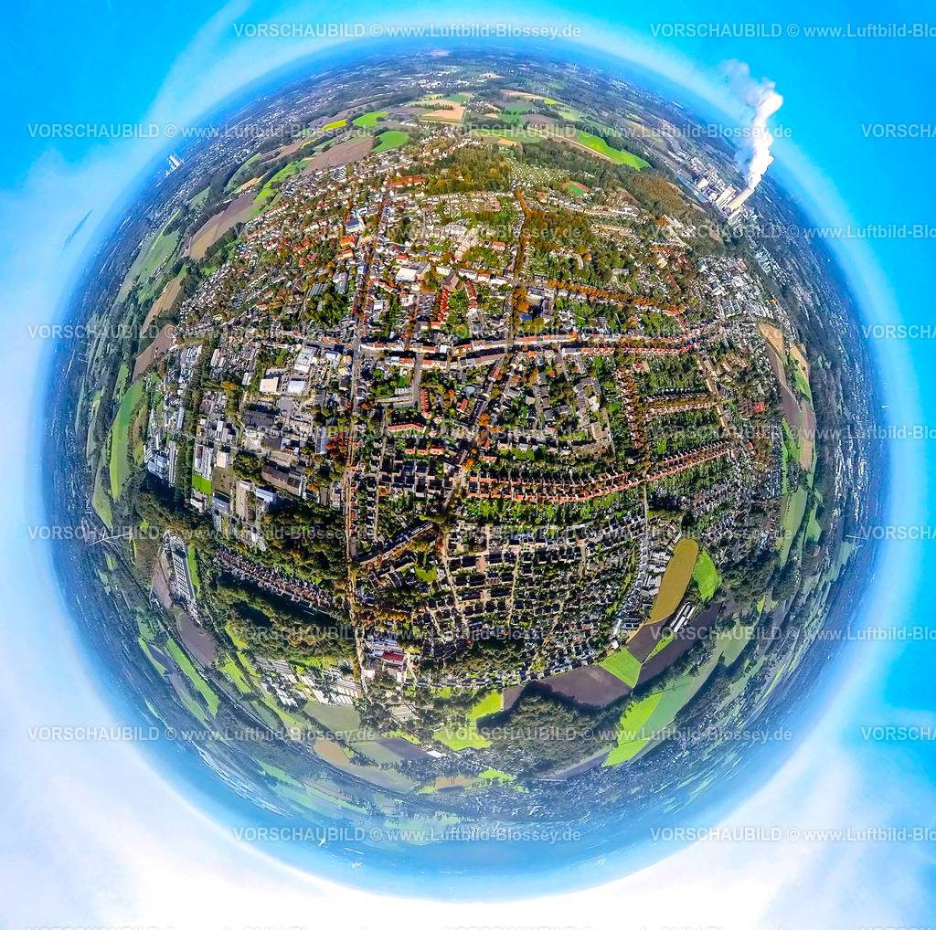 Luenen241190597Brambauer | Luftbild, Ortsansicht und Wohngebiet Waltroper Straße und Königsheide, Zechensiedlung Lünen Brambauer - Alte Kolonie, rechts das Trianel Kohlekraftwerk Lünen mit Rauchwolke, Erdkugel, Fisheye Aufnahme, Fischaugen Aufnahme, 360 Grad Aufnahme, tiny world, little planet, fisheye Bild, Brambauer, Lünen, Ruhrgebiet, Nordrhein-Westfalen, Deutschland