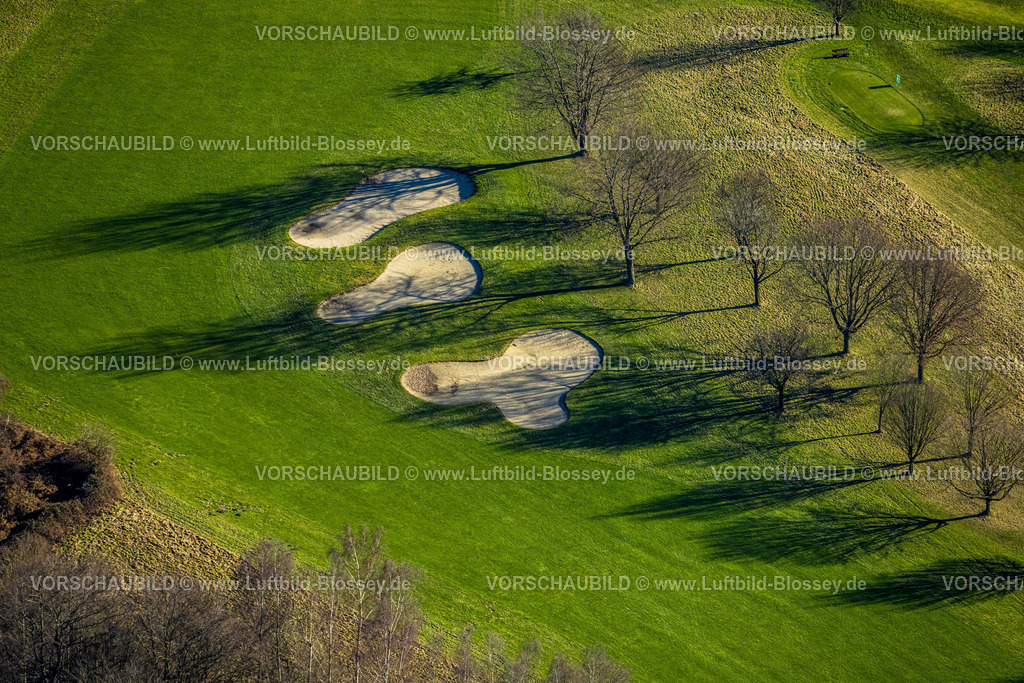 Castrop-Rauxel240106007 | Luftbild, Golfplatz Golfclub Castrop-Rauxel e.V. in Frohlinde, sandgefüllte Bunker, Baumreihe auf der Wiese mit Schatten, Frohlinde, Castrop-Rauxel, Ruhrgebiet, Nordrhein-Westfalen, Deutschland