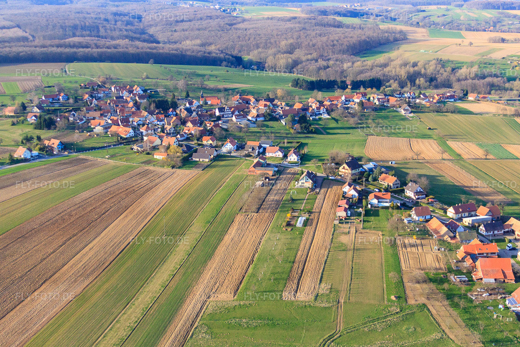 Luftbild: Ortsansicht von Süden in Memmelshoffen im Bundesland Bas-Rhin in Frankreich. – Foto: IMG_38754.jpg vom 20.03.2011 durch Werner Riehm/FLY-FOTO.de – Auflösung des Originals: 4752 x 3168 px