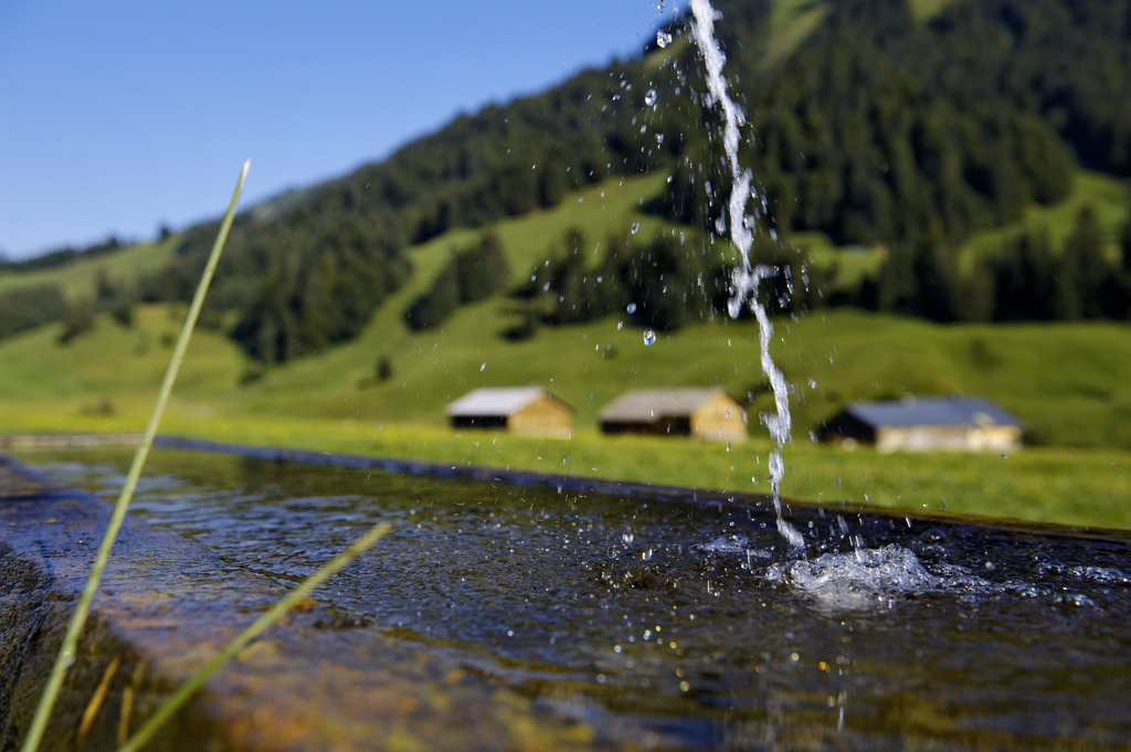 Holzbrunnen mit Wasser | Schoenenbach, Austria - July 24, 2012: Vorsäßsiedlung Schönenbach;  Holzbrunnen mit frischem Wasser, im Hintergrund Bregenzerwälderhäuser. - Realisiert mit Pictrs.com