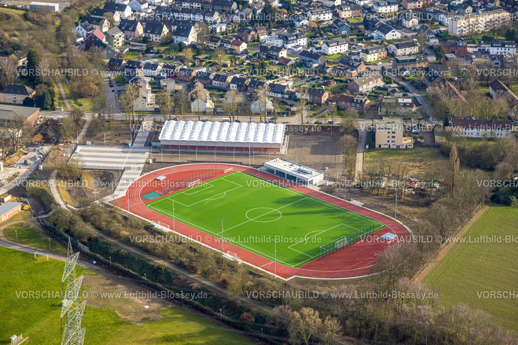 Bochum250203028WattenscheidLoheideStadion | Luftbild, Lohrheidestadion Wattenscheid, Fußballstadion mit Leichtathletikanlage der SG Wattenscheid 09, Baustelle und Umbau zur Erweiterung und Modernisierung, Sportplatz Fußballstadion und Leichtathletik Stadion der Sportfreunde Rot-Weiß Leithe 1919 e.V., Leithe, Bochum, Ruhrgebiet, Nordrhein-Westfalen, Deutschland