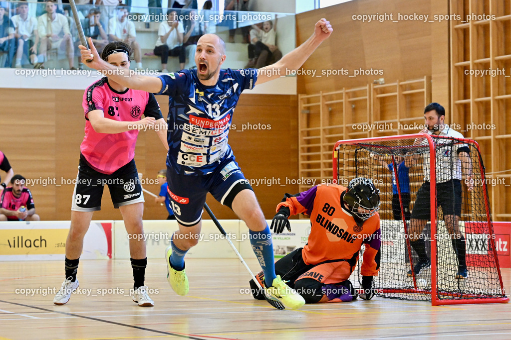 VSV Unihockey vs. Wiener Floorball Verein | Jubel #13 Jan Sláma VSV Unihockey, #87 Christian Lindquist Wiener Floorballverein, #80 BEZUCHA Bernhard Wiener Floorballverein, VSV Unihockey vs. Wiener Floorball Verein, VSV Unihockey vs. Wiener Floorball Verein am 18.05.2025 in Villach (Ballspielhalle St. Martin), Austria, (Photo by Bernd Stefan)