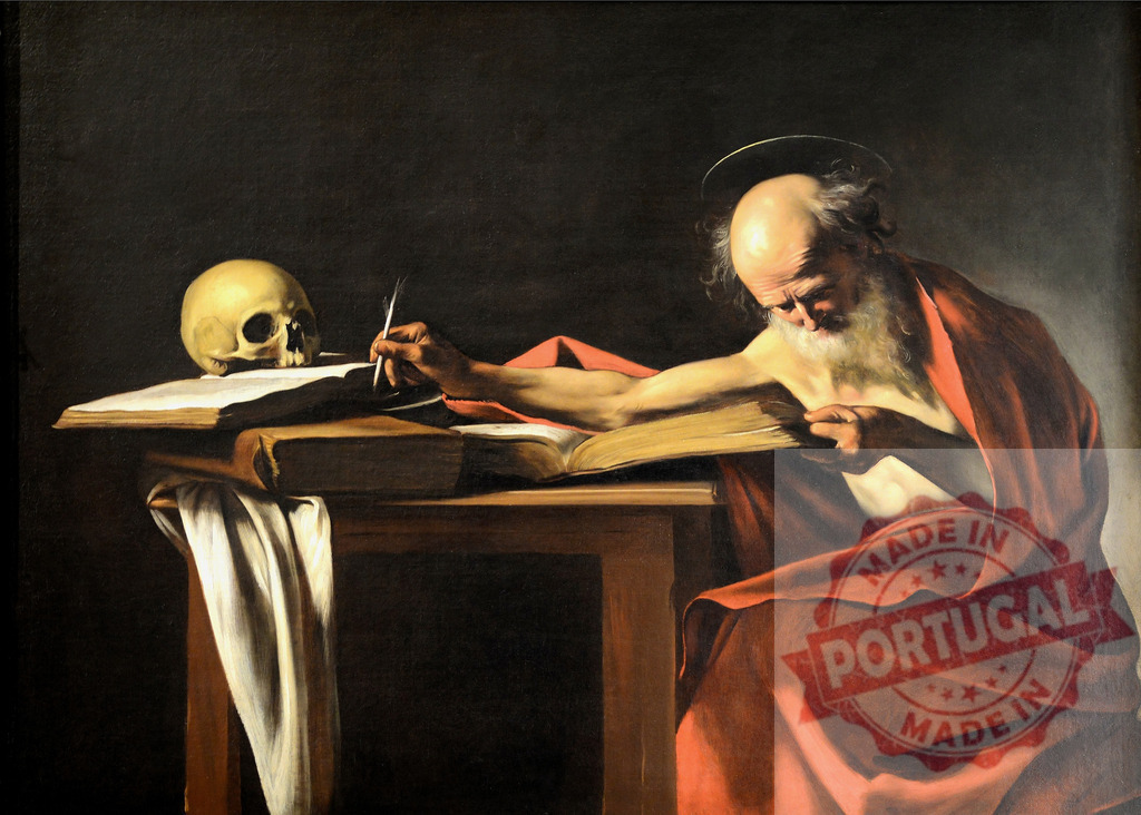 Art by Carravagio Caravaggio Saint Jerome Writing contemplating mortality | Saint Jerome writing with a quill, contemplating a skull on his desk - Realized with Pictrs.com