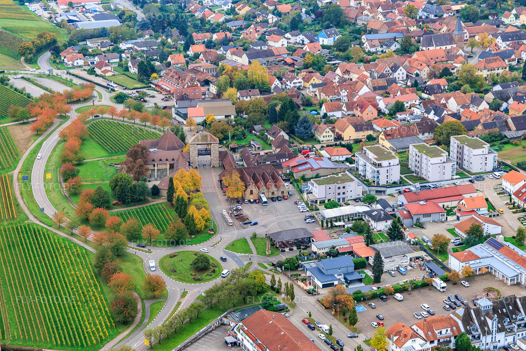 Luftbild: Deutesches Weintor von Norden im Ortsteil Schweigen in Schweigen-Rechtenbach im Bundesland Rheinland-Pfalz in Deutschland. Foto: IMG_150016.jpg vom 10.10.2025 durch Werner Riehm/FLY-FOTO.de