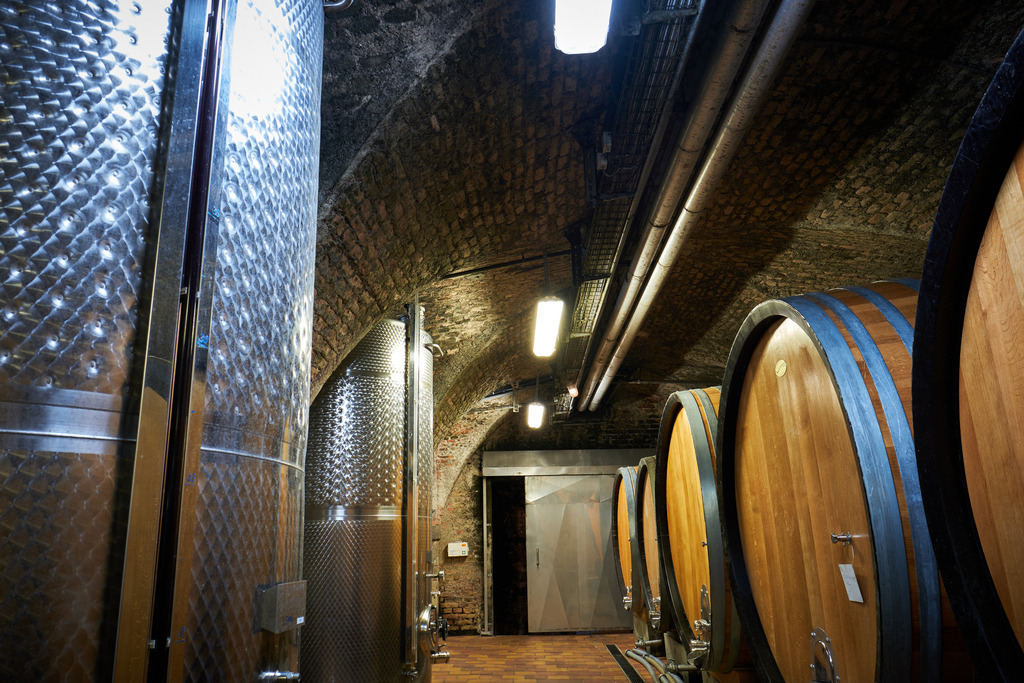 Stift Klosterneuburg | Niederösterreich, Austria - August 31, 2021; Stift Klosterneuburg; eine Reihe Holzfaesser und Edelstahltanks im Weinkeller. - Realisiert mit Pictrs.com