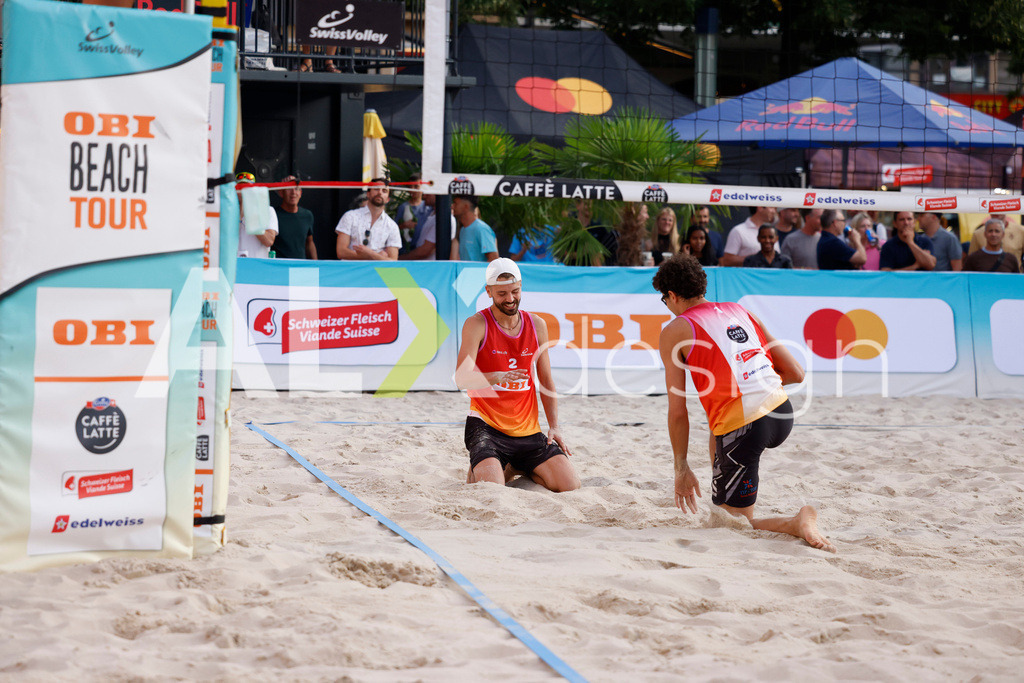 Obi BeachTour 2026 - Basel | BASEL, SWITZERLAND - JULY 18: TINKO SCHNEGG (SUI) &amp; MAËL MASSEREY (SUI) during the Obi BeachTour 2026 match between MASSEREY / SCHNEGG (SUI) and BREER / KÄLIN (SUI) at Barfüsserplatz on July 18, 2026 in Basel, Switzerland. - Realisiert mit Pictrs.com
