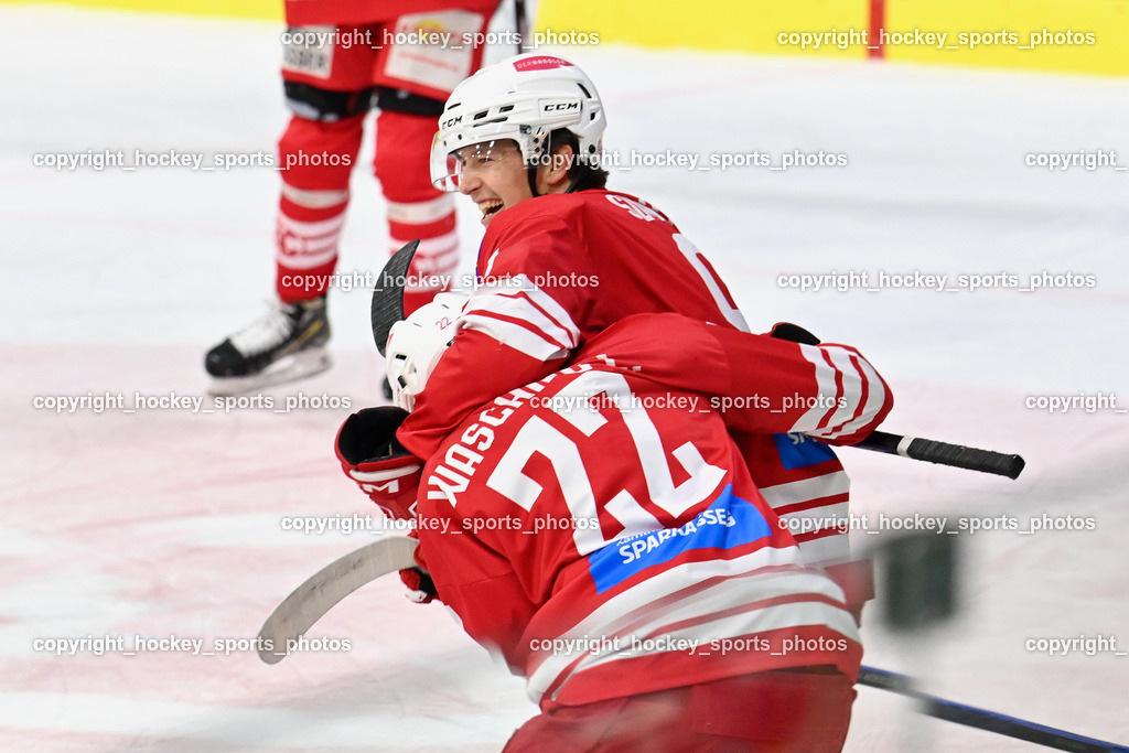 EC KAC Future Team vs. Die Adler Kitzbühl 7.10.2023 | Jubel EC KAC FUTURE Team, #22 Waschnig Lukas EC KAC FUTURE TEAM, EC KAC Future Team vs. Die Adler Kitzbühl 7.10.2023, EC KAC Future Team vs. Die Adler Kitzbühl am 07.10.2023 in Klagenfurt (Messehalle Klagenfurt), Austria, (Photo by Bernd Stefan)
