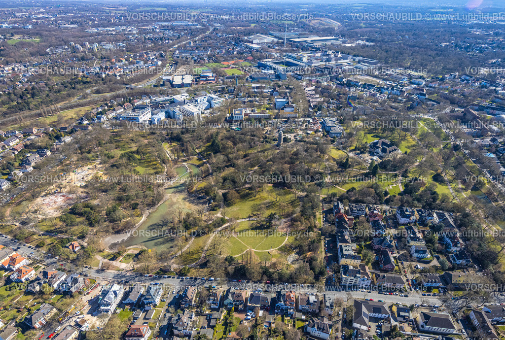 Bochum250301701 | Luftbild, Stadtpark mit Rosengarten und Gondelteich, links das St. Josef-Hospital - Katholisches Klinikum Bochum, hinten das Vonovia Ruhrstadion Bundesliga-Fußballstadion des VFL Bochum, Grumme, Bochum, Ruhrgebiet, Nordrhein-Westfalen, Deutschland