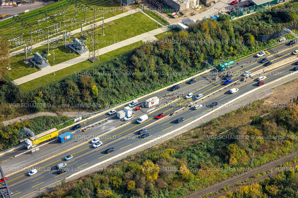 Herne241015912 | Luftbild, Großbaustelle Autobahnkreuz Herne, Stau auf der Autobahn A43, Baustelle mit Verkehrsregelung, Baukau-West, Herne, Ruhrgebiet, Nordrhein-Westfalen, Deutschland