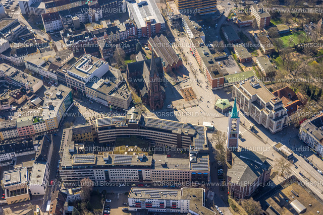 Gelsenkirchen240300932 | Luftbild, City Heinrich-König-Platz, Sparkassengebäude mit Solardach, kath. Propsteikirche St. Augustinus, evang. Emmaus Altstadtkirche, Altstadt, Gelsenkirchen, Ruhrgebiet, Nordrhein-Westfalen, Deutschland