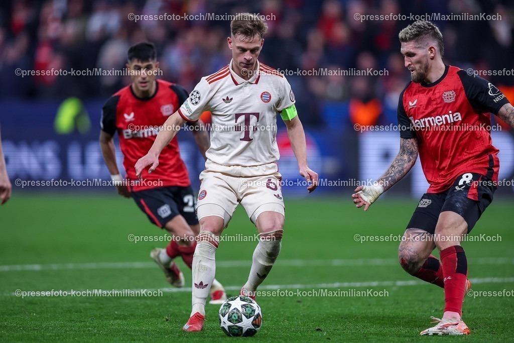 UCL11032502527 | 11.03.2025, Fußball, UEFA Champions League, Bayer 04 Leverkusen - FC Bayern München, Achtelfinale Rückspiel, BayArena, Saison 2024 2025: Joshua Kimmich (FC Bayern #6) im Zweikampf gegen Robert Andrich (Bayer04 Leverkusen #8)DFB regulations prohibit any use of photographs as image sequences and or quasi-video.