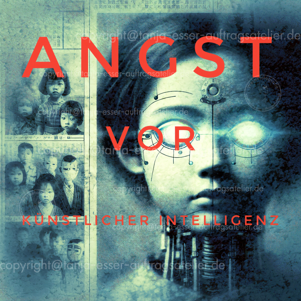 Angst KI D | Eine imaginäre Zeitung druckt ein Bild von einem kindlichen Roboter. Aus dessen Augen kommt Licht. Kinder schauen ernst. Roter deutscher Text: Angst vor künstlicher Intelligenz. 
