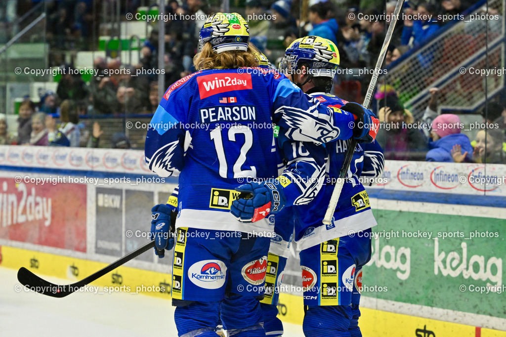 EC IDM WÄRMEPUMPEN VSV vs. EC Red Bull Salzburg | Jubel EC VSV Mannschaft, #12 Pearson Chase EC VSV, #72 HUGHES John EC VSV, #16 HANCOCK Kevin EC VSV, EC IDM WÄRMEPUMPEN VSV vs. EC Red Bull Salzburg, EC IDM WÄRMEPUMPEN VSV vs. EC Red Bull Salzburg am 17.01.2025 in Villach (Stadthalle Villach), Austria, (Photo by Bernd Stefan)