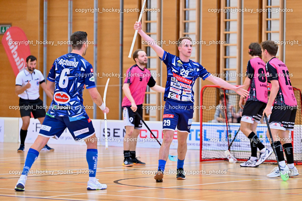 VSV Unihockey vs. Wiener Floorball Verein | Jubel #29 Anze Brajic VSV Unihockey, #6 Timo Schmid VSV Unihockey, VSV Unihockey vs. Wiener Floorball Verein, VSV Unihockey vs. Wiener Floorball Verein am 18.05.2025 in Villach (Ballspielhalle St. Martin), Austria, (Photo by Bernd Stefan)