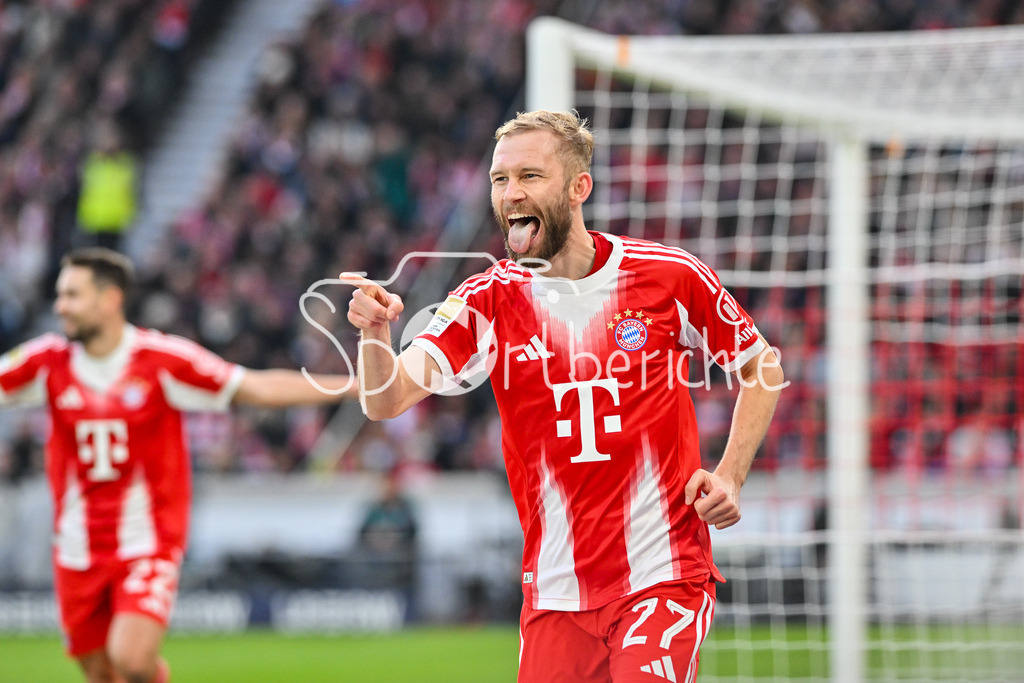 VfB Stuttgart - FC Bayern München | STUTTGART, GERMANY - 06. DECEMBER: Jubel der Bayern nach dem Treffer zum 0-1 durch Konrad LAIMER (FC Bayern Munich 27) / Tor / Torschuetze / Freude / Happy / während dem Bundesligamatch zwischen dem VfB Stuttgart und dem FC Bayern München am 13. Spieltag in der MHP Arena / DFL REGULATIONS PROHIBIT ANY USE OF PHOTOGRAPHS AS IMAGE SEQUENCES AND/OR QUASI-VIDEO