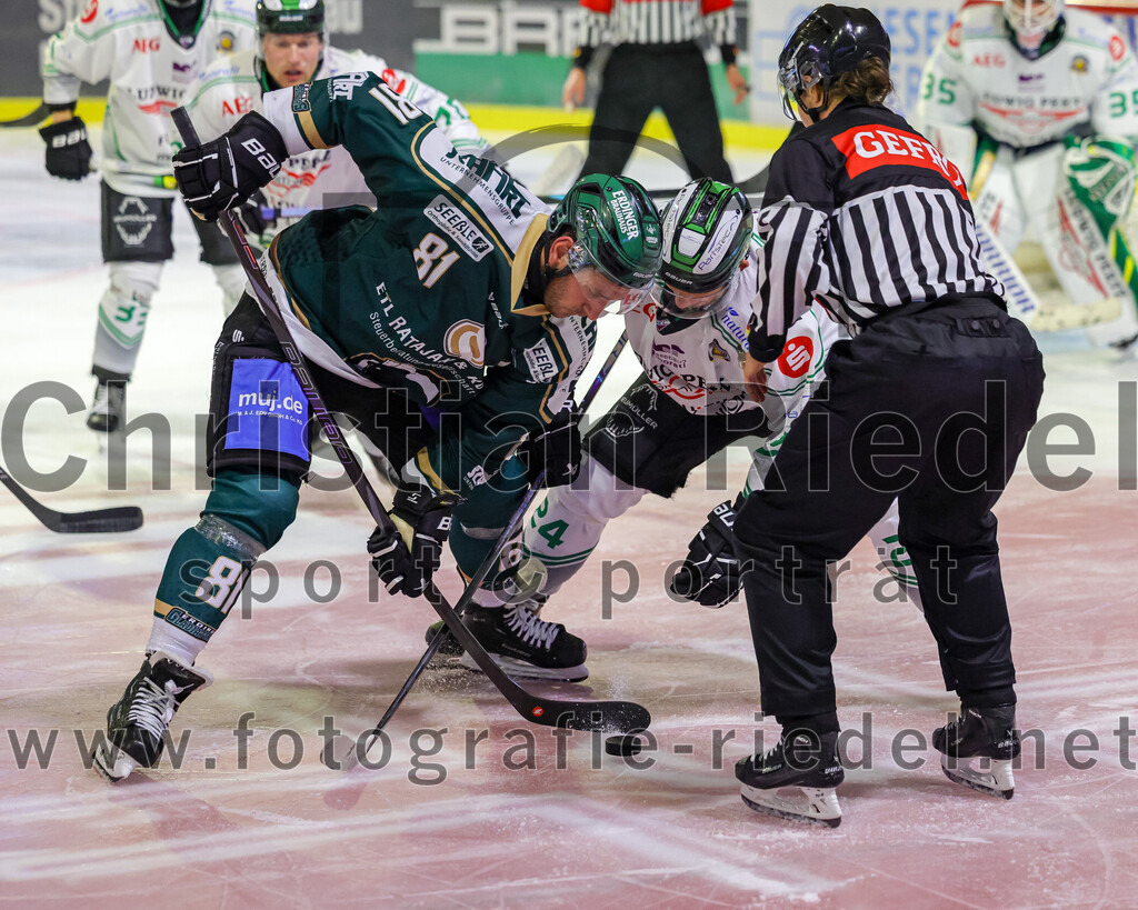 2025-09-21_102_TSV_Erding_gegen_Hoechstadter_Alligators | Erding, Deutschland, 21.09.2025:Eishockey, Oberliga Süd 2025 / 2026, 2. Spieltag, TSV Erding gegen Höchstadter Alligators, Endergebnis: 3:4Maximilian Forster (Erding Gladiators, #81), Roman Zap (Höchstadt Alligators, #24)Foto: Christian Riedel / fotografie-riedel.net