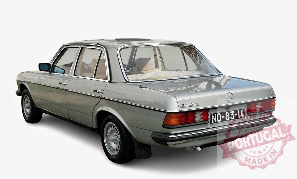 Mercedes-Benz 300D parked, showing its rear and right side | Classic Mercedes-Benz 300D parked in a white background, showcasing its elegant design and timeless appeal - Realized with Pictrs.com