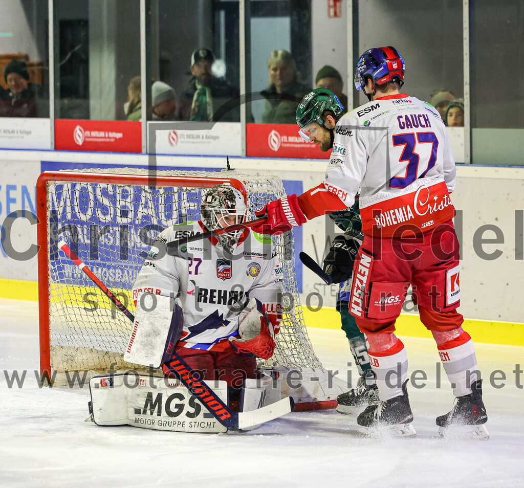 2026-01-18_120_TSV_Erding_gegen_Selber_Woelfe | Erding, Deutschland, 18.01.2026:Eishockey, Oberliga Süd 2025 / 2026, 38. Spieltag, TSV Erding gegen Selber Wölfe, Endergebnis: 2:3 n.V.Torwart Michel Weidekamp (Selber Wölfe, #27), Thomas Gauch (Selber Wölfe, #37)Foto: Christian Riedel / fotografie-riedel.net