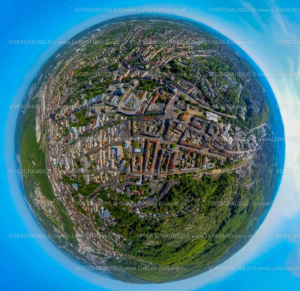 Hagen240590240City_Mitte | Luftbild, City Innenstadtansicht Hagen-Mitte, Friedrich-Ebert-Platz Fußgängerzone und Rathaus Galerie, Fluss Volme, Erdkugel, Fisheye Aufnahme, Fischaugen Aufnahme, 360 Grad Aufnahme, tiny world, little planet, fisheye Bild, Mittelstadt, Hagen, Ruhrgebiet, Nordrhein-Westfalen, Deutschland