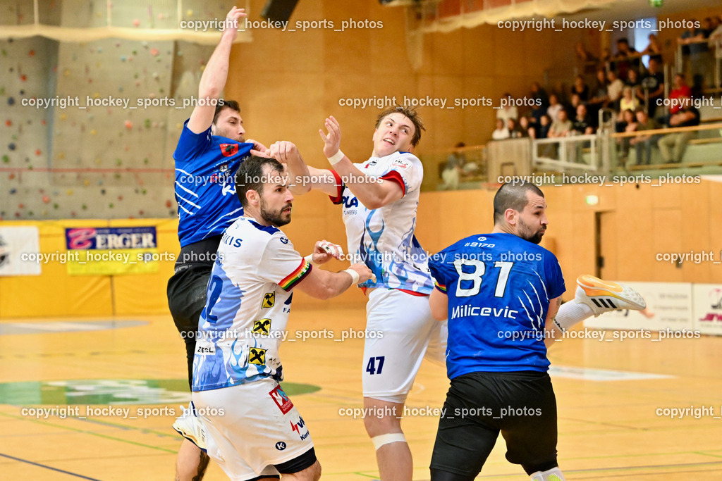 SC Ferlach vs. ALPA HC Hard | #22 BABIC Dejan HC Hard, #6 KROBATH Leander SC Ferlach, #47 FRITSCH Lukas HC Hard, #81 MILICEVIC Adrian SC Ferlach, SC Ferlach vs. ALPA HC Hard, SC Ferlach vs. ALPA HC Hard am 30.04.2024 in Ferlach (Ballspielhalle Ferlach), Austria, (Photo by Bernd Stefan)