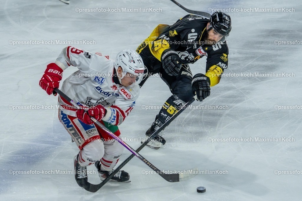 xkkux02042601015 | 02.04.2026, xkkux, Eishockey, DEL2, Herren, Saison 2025 / 2026, Krefeld Pinguine - EV Regensburg, YAYLA Arena: Constantin Ontl (EV Regensburg #19)  im Zweikampf gegen  Davis Vandane (Krefeld Pinguine #55) 