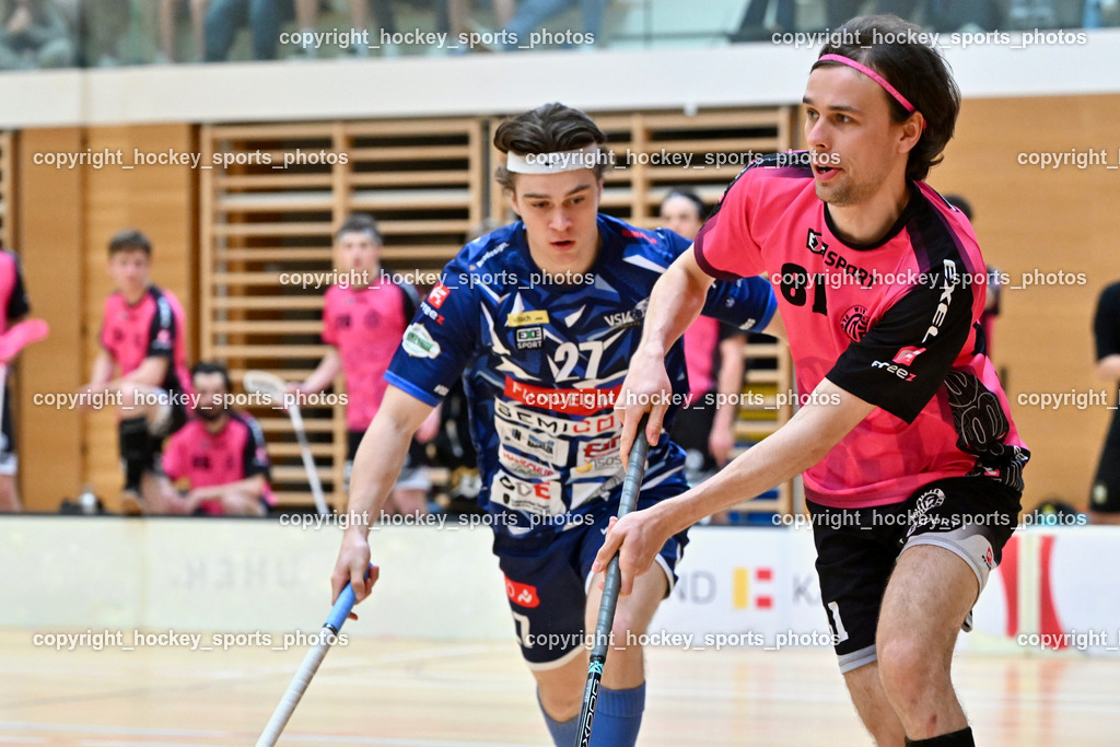 VSV Unihockey vs. Wiener Floorball Verein | #81 LAUKKANEN Jesse Wiener Floorballverein, #27 Lukas Floriantschitz VSV Unihockey, VSV Unihockey vs. Wiener Floorball Verein, VSV Unihockey vs. Wiener Floorball Verein am 18.05.2025 in Villach (Ballspielhalle St. Martin), Austria, (Photo by Bernd Stefan)