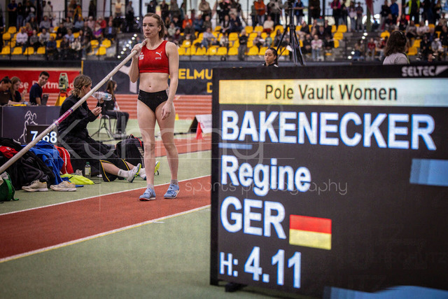 Indoor Meeting Dortmund, 08.02.2026 | DORTMUND, GERMANY - FEBRUARY 8:  Regine Bakenecker (LG Olympia Dortmund) with the scoreboard showing her name during the Indoor Meeting Dortmund at the Helmut-Koernig-Halle on February 8, 2026 in Dortmund, Germany. (Photo by Axel Kohring/Beautiful Sports Int.)