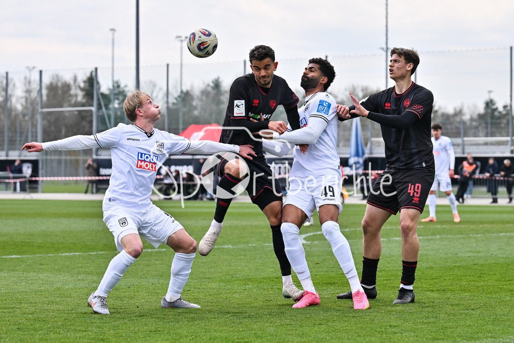 FC Ingolstadt - SSV Ulm 1846 Fussball  | INGOLSTADT, GERMANY - 25. MAERZ: v. l. Ben Luca WESTERMEIER (SSV Ulm 8), Fredrik Bennedsgaar CARLSEN (FC Ingolstadt 8), Andre BECKER (SSV Ulm 49) und Tomislav BAGARIC (FC Ingolstadt 49) während dem Testspiel zwischen dem FC Ingolstadt und dem SSV Ulm 1846 Fussball auf Platz 4 am Audi Sportpark