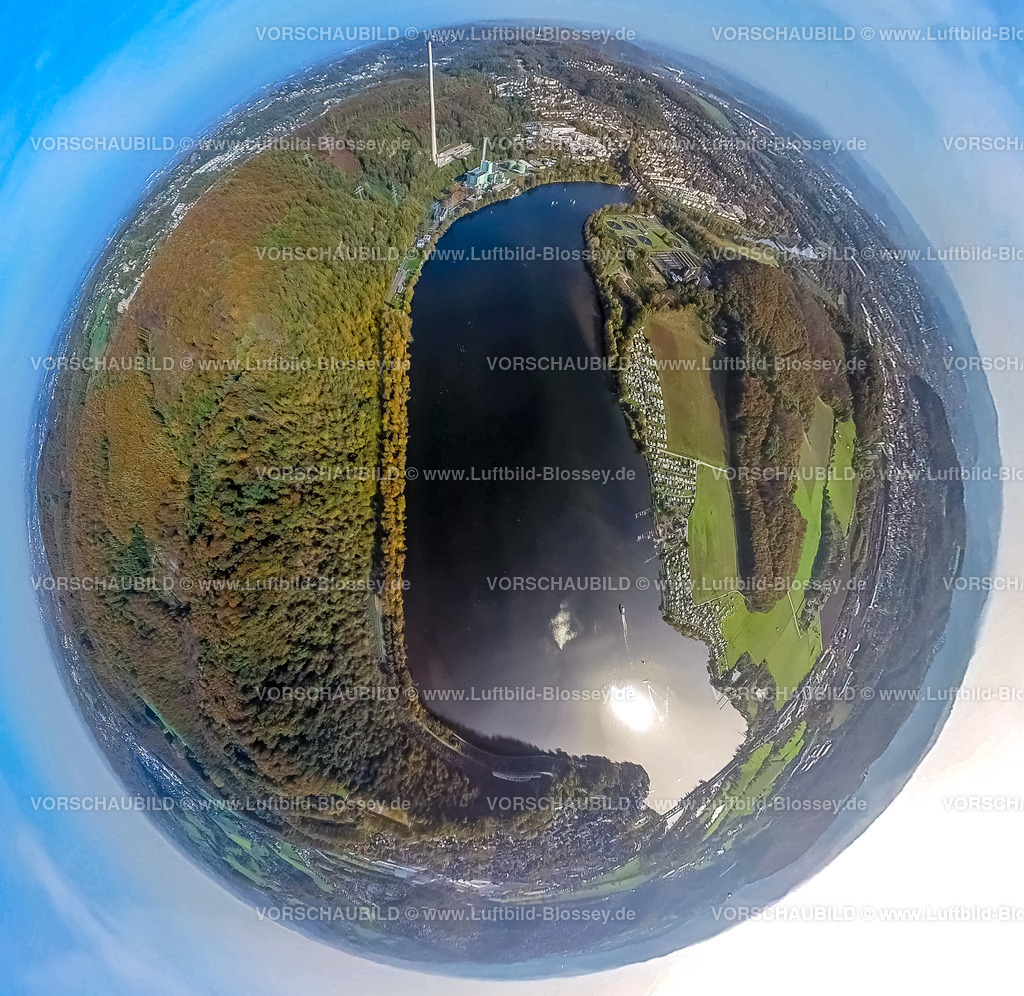 Herdecke20221020_13Harkortsee | Luftbild, Harkortsee, Campingplatz Harkortsee und Wald Kaisberg, Herbstwald Harkortberg, Fisheye Aufnahme, Fischaugen Aufnahme, 360 Grad Aufnahme, Herdecke, Ruhrgebiet, Nordrhein-Westfalen, Deutschland