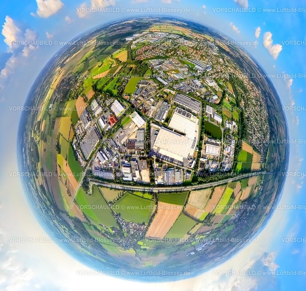 Werl230891047 Autobahnende A445 ALDI Logistik-topaz | Luftbild, Werl-Nord Autobahnende der Autobahn A445 auf die Bundesstraße B63, Logistikzentrum Werl, Hammer Straße, Erdkugel, Fisheye Aufnahme, Fischaugen Aufnahme, 360 Grad Aufnahme, tiny world, Budberg, Werl, Ruhrgebiet, Nordrhein-Westfalen, Deutschland
