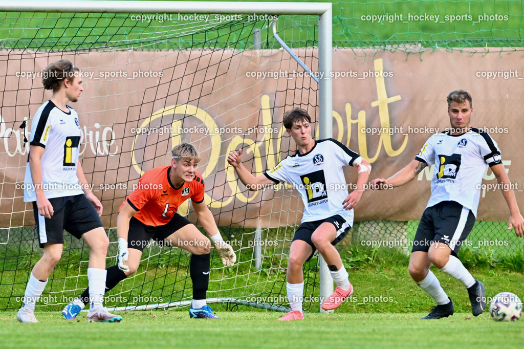 FC Gmünd vs. SV Spittal 1921 | #18 Kristijan Jelic SV Spittal, #1 Niklas Schmied SV Spittal, #31 Matthias Mitterdorfer SV Spittal, #4 Thomas Walker SV Spittal, FC Gmünd vs. SV Spittal 1921, FC Gmünd vs. SV Spittal 1921 am 27.08.2024 in Gmünd (Sportplatz Karnerau), Austria, (Photo by Bernd Stefan)