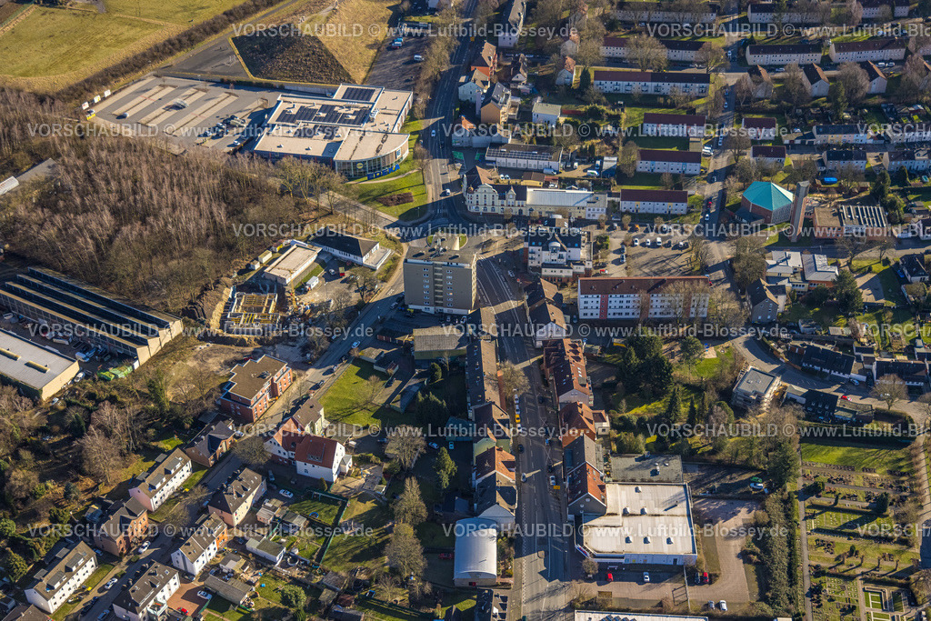 Castrop-Rauxel240106097 | Luftbild, Wohngebiet im Zentrum Ortsteil Schwerin mit Kreisverkehr, Gewerbegebiet mit Edeka und Lidl Supermarkt, DITIB-Moschee am Kreisel, Baustelle Frohlinder Straße, Schwerin, Castrop-Rauxel, Ruhrgebiet, Nordrhein-Westfalen, Deutschland