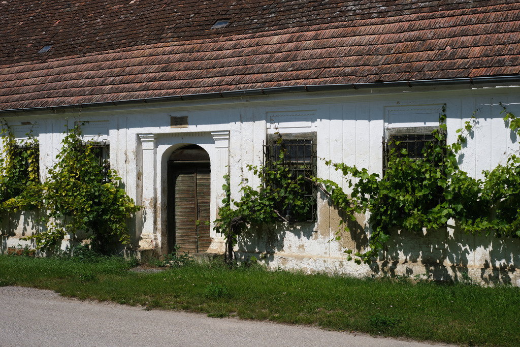 Alter Bauernhof mit Fenster und grünen Sträuchern | Austria - June 15, 2024: Alter Bauernhof mit Fenster und grünen Sträuchern. - Realisiert mit Pictrs.com