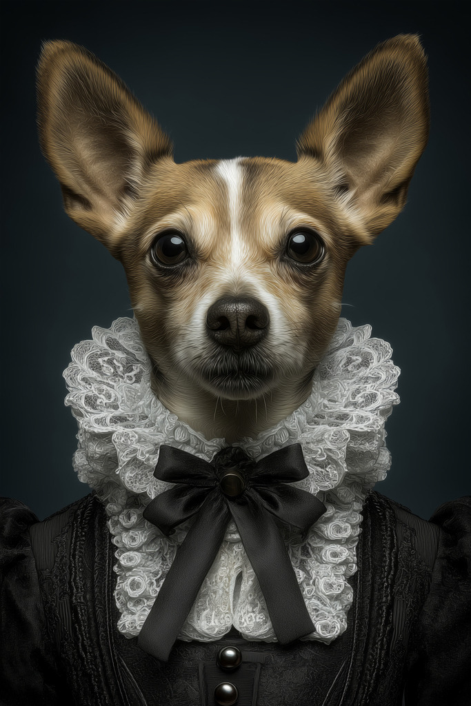 2603002 - Chihuahua als Kammerherr | Dieses Porträt strahlt unerschütterliche Loyalität und Pflichtbewusstsein aus. Die feine, weiße Spitzenkrause bildet einen harten Kontrast zum dunklen Gewand und unterstreicht die zeremonielle Bedeutung der Figur.