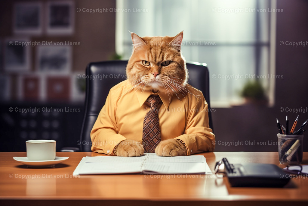 roter Kater mit Anzug am Schreibtisch | rote Katze als Geschäftsmann