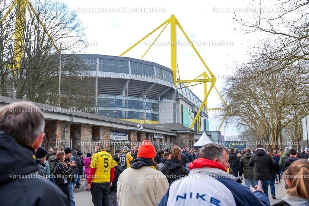 BVB08022502112 | 08.02.2025, Fußball, Borussia Dortmund - VfB Stuttgart, 1. Fußball Bundesliga, 21. Spieltag, Signal Iduna Park, Saison 2024 2025: Aussenansicht Fußballstadion Zuschauer Besucher Fans auf dem Weg ins StadionDFB regulations prohibit any use of photographs as image sequences and or quasi-video.