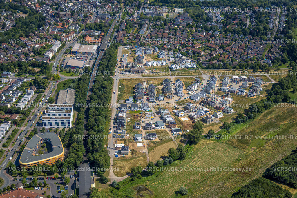 Duisburg230707751 | Luftbild, Bautelle mit Neubau Wohnsiedlung Angerbogen, Edeka E-Center Angerbogen, Steinhof, Huckingen, Duisburg, Ruhrgebiet, Nordrhein-Westfalen, Deutschland