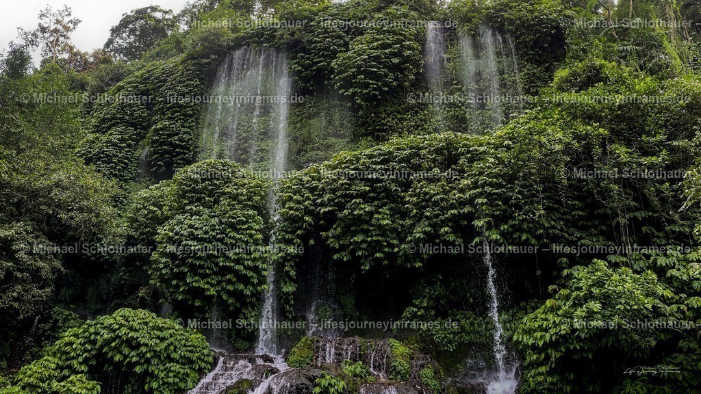Dschungelwasserfall auf Bali | Mehrere schmale WasserfÃ¤lle stÃ¼rzen Ã¼ber eine dicht bewachsene, Ã¼ppig grÃ¼ne Felswand im balinesischen Dschungel. - Realisiert mit Pictrs.com