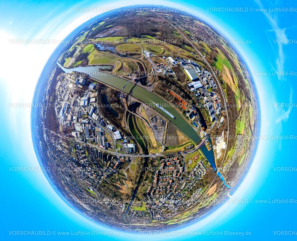 Castrop-Rauxel240190171EmscherBruecke Sprung Ueber Die Emscher | Luftbild, Emscherbaustelle für Emscherland 2020, Brücke Cassurker Schwinge über Fluss Emscher und den Kanal, Binnenschifffahrt auf dem Rhein-Herne-Kanal, Fluss Emscher unterquert den Rhein-Herne-Kanal in dem Durchlassbauwerk Emscherdüker Wasserkreuz, Kanalbrücke Wartburgstraße mit rotem Geländer, Erdkugel, Fisheye Aufnahme, Fischaugen Aufnahme, 360 Grad Aufnahme, tiny world, little planet, fisheye Bild, Henrichenburg, Castrop-Rauxel, Ruhrgebiet, Nordrhein-Westfalen, Deutschland