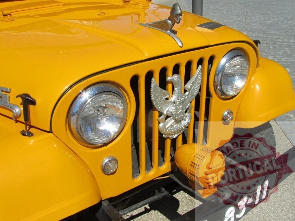 Yellow classic Jeep vehicle showing front details | Yellow classic Jeep vehicle displaying an eagle emblem, headlights, and hood ornament - Realisiert mit Pictrs.com