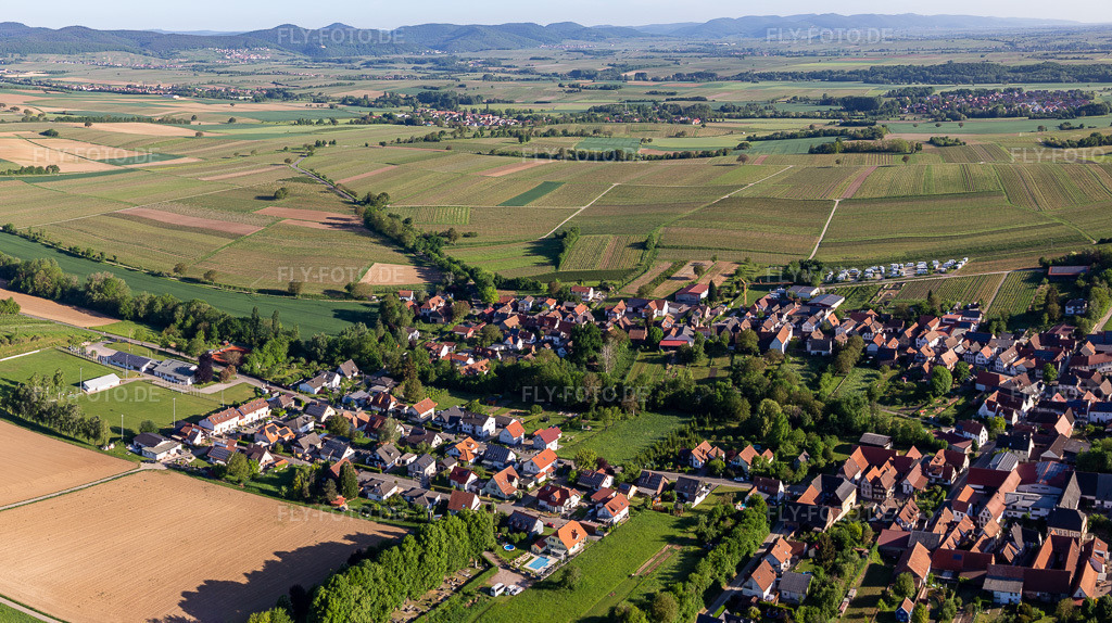 Luftbild: Dorfansicht aus Süden in Dierbach im Bundesland Rheinland-Pfalz in Deutschland. Foto: IMG_131470-Pano.jpg vom 14.05.2022 durch Werner Riehm/FLY-FOTO.deAuflösung des Originals: 6081 x 3407 pxGemeinde Dierbach