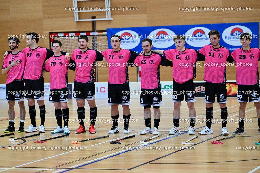 VSV Unihockey vs. Wiener Floorballferein 6.4.2024 | #95 Niklas Felsberger Wiener Floorballverein, #87 Christian Lindquist Wiener Floorballverein, #79 Christopher Langer Wiener Floorballverein, #72 Vladislav Smirnov Wiener Floorballverein, #71 Christoph Platzer Wiener Floorballverein, #65 Ondrej Bilek Wiener Floorballverein, #60 Jakub Kyr Wiener Floorballverein, #51 Alex Egenhofer Wiener Floorballverein, #29 Jonas-Justus Dopona Wiener Floorballverein, VSV Unihockey vs. Wiener Floorballferein 6.4.2024, VSV Unihockey vs. Wiener Floorballferein  am 06.04.2024 in Villach (Ballspielhalle St. Martin), Austria, (Photo by Bernd Stefan)